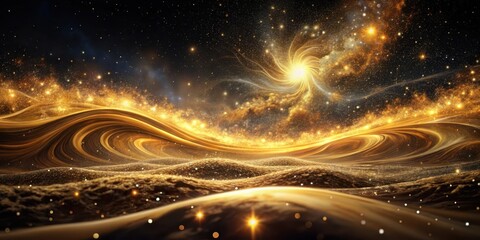 Wall Mural - Dark mysterious abstract space filled with swirling golden wave patterns and twinkling sparkles in a cosmic night sky setting