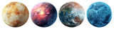 PNG Four diverse, colorful planets in a row, space-themed art element set on transparent background.