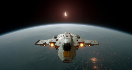 Aufkleber - A robot spacecraft navigates the vastness of space, conducting an expedition to a distant planet. The vessel is illuminated by distant stars while a crescent moon hangs above the horizon.