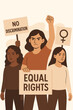 © Jule - Diverse women protest for equal rights and no discrimination. Feminism concept with raised fist and signs. Vector illustration of female empowerment and gender equality movement.