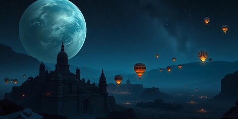 Wall Mural - Mysterious alien planet at night, hot air balloons floating over ancient towers, starry sky, scenic fantasy landscape,  night sky,  tranquil