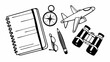 © Vector_Di-cut_Sets - Black and White flat lay image of travel items including notebook, compass, airplane, pencil, glasses, Vintage style