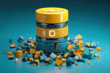 Aufkleber - Broken Database Icon Surrounded by Error Fragments on a Clean Blue Background With a Yellow Accent in the Upper Third Section of the Design