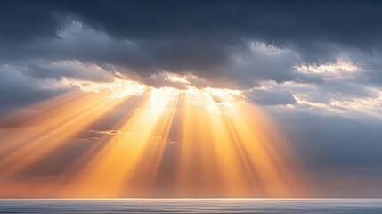Wall Mural - Majestic Sun Rays Breaking Through Clouds over Calm Waters