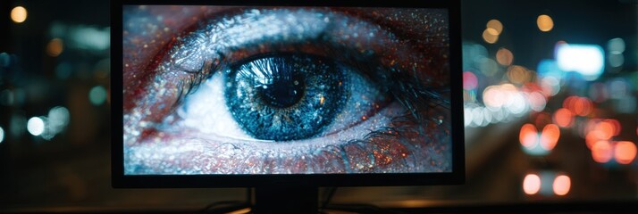 Leinwandbilder - Blurred Computer Screen Displaying Eye Strain Message With Dark Ambient Lighting at Nighttime