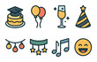 © Innovator587 - Graduation party icons isometric set. cake with cap, balloons, sparkly drink, party hat, light garland, banner with stars, music notes, laughing emoji