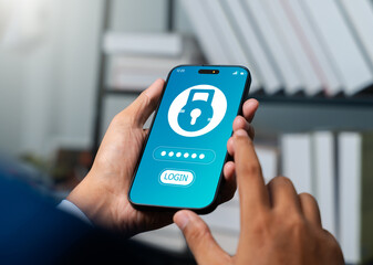 businessman using smartphone to encrypt and protect sensitive company and personal data. cybersecuri