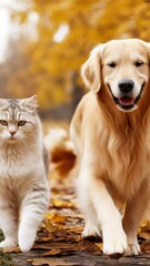 Wall Mural - furry golden retriever and fluffy cat enjoying playful walk through vibrant autumn park, surrounded 