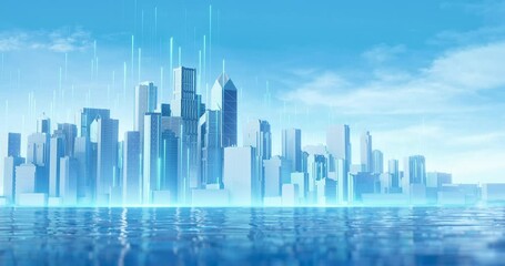 Wall Mural - abstract digital city skyline with futuristic buildings and glowing data streams rising into the sky
