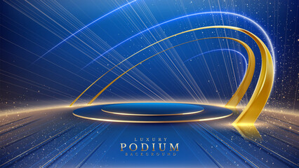 Wall Mural - empty podium golden on blue background with light neon effects with bokeh decorations. luxury scene 