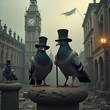 © rabia - A line of pigeons wearing top hats, standing on a ledge with a blurred, hazy background featuring a large clock tower resembling Big Ben and other classical architecture.