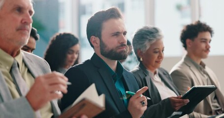 Aufkleber - Businessman, writing and book in audience at convention with info, presentation or review at company. People, employee and thinking in crowd, event and attention with notes at corporate conference