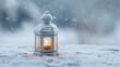 © veronica - A white lantern with a candle inside sitting in the snow during a snowy winter wonderland scene