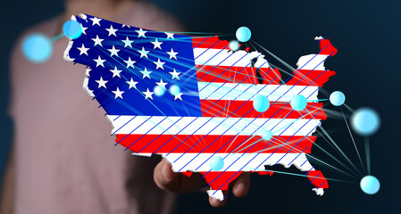 Poster - American flag map with digital network connections.  Illustrates US connectivity.