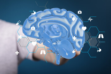Aufkleber - High-quality 3D rendering of a human brain with related medical icons. Perfect for healthcare, neuroscience, and medical technology.
