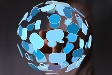 Poster - Abstract image of a person interacting with a digital sphere of chat bubbles, symbolizing global communication and online interaction.