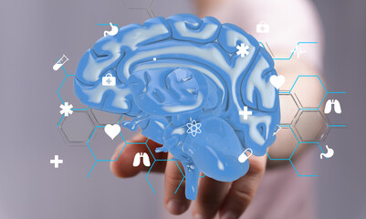 Aufkleber - 3D model of a human brain with medical icons.  Perfect for healthcare, technology, and neuroscience concepts.