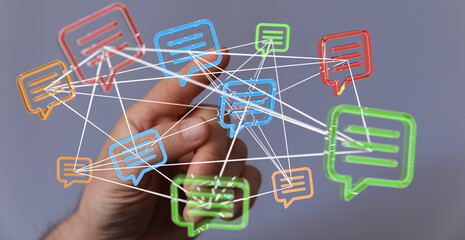 Poster - Hand interacts with a network of digital message bubbles, symbolizing global communication and interconnectedness.