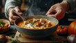 © Pinklife - A close-up of a steaming bowl of comforting soup with chicken, garnished with fresh herbs, embodying warmth and culinary excellence in a cozy kitchen setting.