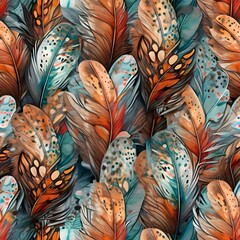 Wall Mural - detailed seamless pattern featuring an array of colorful feathers in shades of orange brown and teal