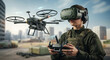 © Cliff - Female soldier drone operator wearing virtual reality glasses controls drone during training
