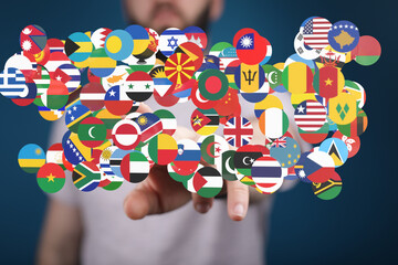 Poster - Diverse flags forming a digital network.  Ideal for global business, communication, or international concepts.