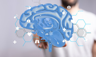 Aufkleber - High-quality stock photo of a 3D human brain model with various medical icons. Perfect for healthcare and medical concepts.