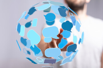 Aufkleber - Person interacting with a digital sphere of communication bubbles. Represents social media, online chat, global communication.