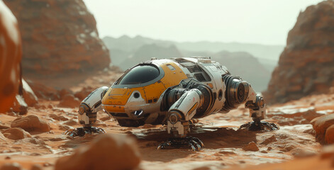 Fototapete - A robotic explorer navigates the rocky terrain of an alien planet, conducting a scientific expedition.