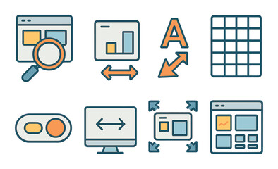 Interface Scaling Concept isometric set. UI zoom, layout adjust, font size icon, responsive grid, scaling toggle, screen expand, element resizing, scalable