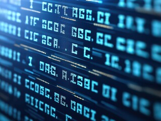 close-up of a digital screen displaying lines of alphanumeric code in blue, representing data or pro
