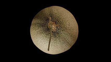 Cantaloupe Viewed from Top Rotating Seamlessly in Loop Isolated on Black Background with Detailed Net Texture and Central Stem Melon Fruit and Organic Pattern