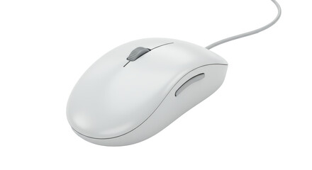 isolated white computer mouse with gray buttons and cable