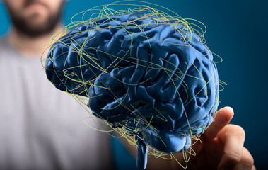 Leinwandbilder - 3D rendering of human brain with neural network connections.  Concept for AI, neuroscience, or technology.
