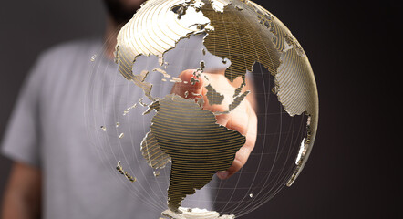 Poster - Abstract image of a hand interacting with a digital globe, representing global connectivity and networking.