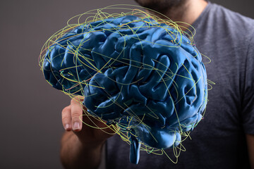 Leinwandbilder - 3D render of human brain with neural network connections.  Concept of AI, intelligence, technology.