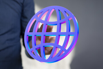Leinwandbilder - Abstract image of a hand interacting with a vibrant 3D global network icon, symbolizing connection and technology.