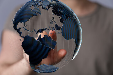 Leinwandbilder - High-quality stock photo of a hand interacting with a digital globe, representing global connectivity and networking.