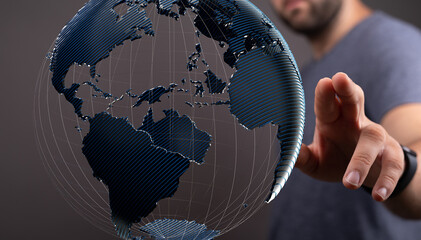 Leinwandbilder - A man interacts with a digital globe, symbolizing global connections and networking.