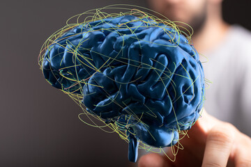 Aufkleber - 3D rendering of a human brain with glowing neural pathways, illustrating complex cognitive functions and brain activity.