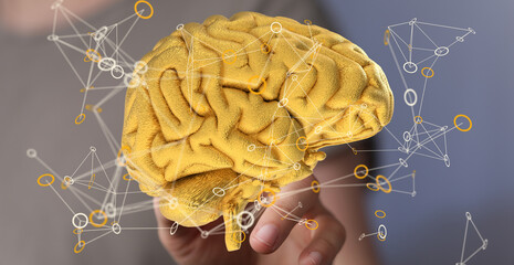 Leinwandbilder - 3D golden brain model, neural network concept.  AI, intelligence, technology.