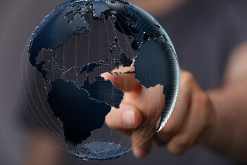 Leinwandbilder - High-quality stock photo of a hand interacting with a digital 3D Earth, representing global connectivity and networking.