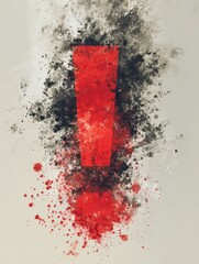 Aufkleber - Red Exclamation Mark on Neutral Background With Abstract Splashes and Textures Creating a Bold Artistic Statement