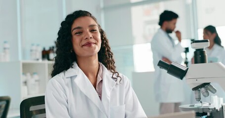 Aufkleber - Laboratory, woman and scientist with laptop for research, investigation and confidence for report. Healthcare, female person and science expert in portrait with digital, biotechnology and medical