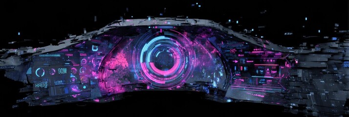 Fototapete - Fractured Holographic Dashboard With Glitching Elements and an Open Right Side Reveals Inner Workings and Digital Intricacies