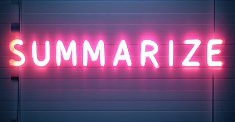 Aufkleber - Bright pink neon sign spells SUMMARIZE against dark blue metal wall. Dramatic lighting creates strong contrast, simple composition.