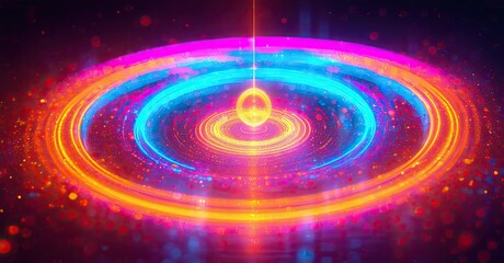 Aufkleber - Bright concentric rings radiate from central sphere. Vivid colors create dynamic, futuristic visual effect. Intense light, energy.
