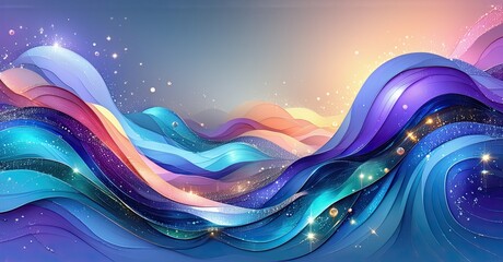 Aufkleber - Abstract waves, vibrant colors, flowing shapes. Light sparkles create dreamy, ethereal scene. Beautiful gradients suggest movement, energy.