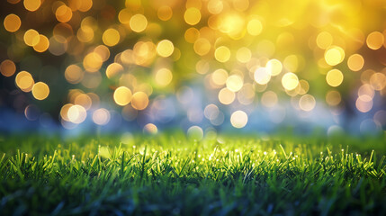 Wall Mural - a fresh spring sunny garden background of green grass and blurred foliage bokeh.