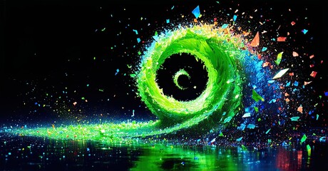 Leinwandbilder - Vibrant swirling energy, green dominates. Colorful particles radiate outward, reflecting on dark surface. Dynamic, abstract composition.